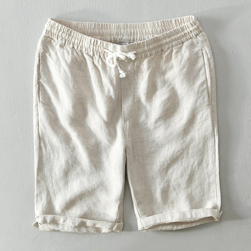 Men's Relaxed-Fit Drawstring Elastic-Waist Linen Shorts - Beige