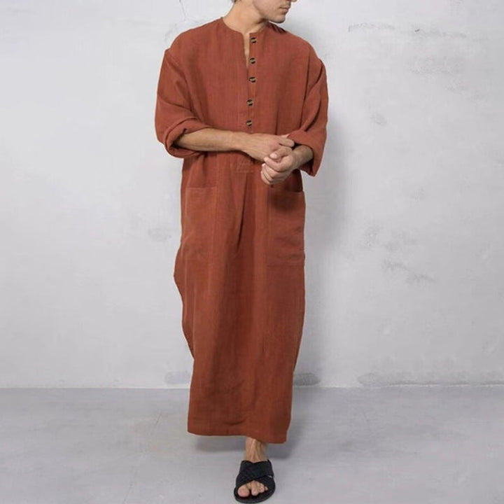 Men's Relaxed-Fit Linen Button-Front Long Tunic Kaftan