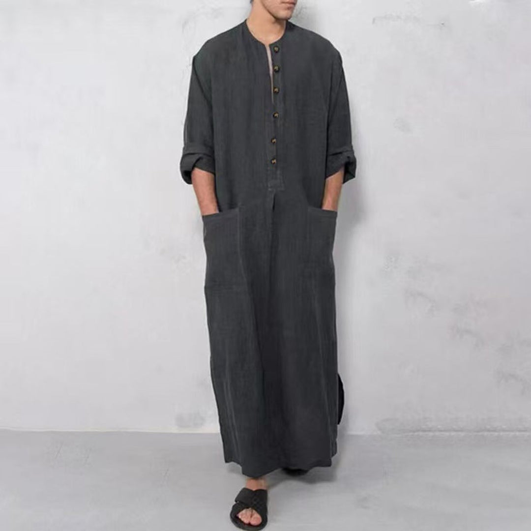 Men's Relaxed-Fit Linen Button-Front Long Tunic Kaftan