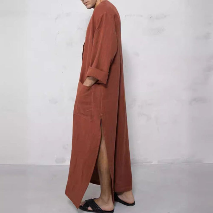 Men's Relaxed-Fit Linen Button-Front Long Tunic Kaftan