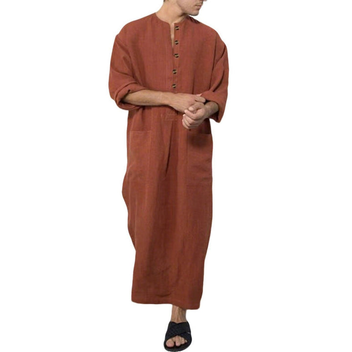 Men's Relaxed-Fit Linen Button-Front Long Tunic Kaftan - Braun