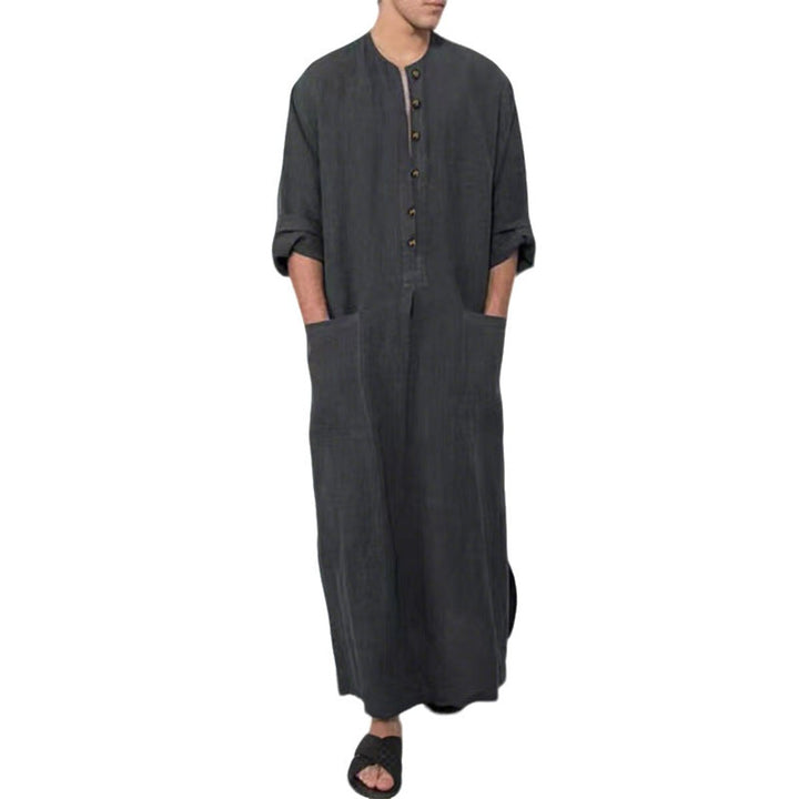 Men's Relaxed-Fit Linen Button-Front Long Tunic Kaftan - Grau