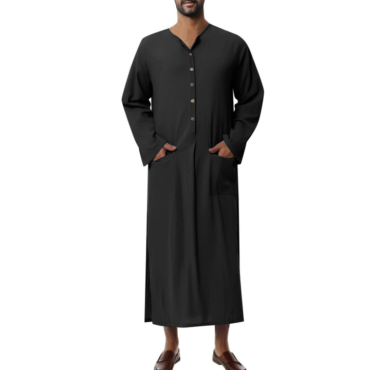 Men's Relaxed-Fit Linen Button-Front Long Tunic Kaftan - Schwarz