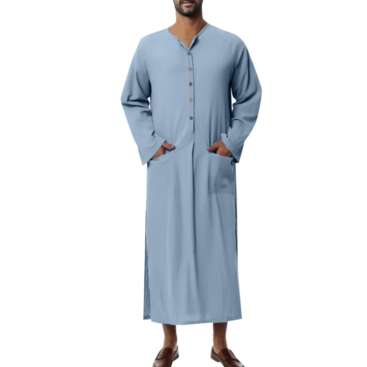 Men's Relaxed-Fit Linen Button-Front Long Tunic Kaftan - Hellblau