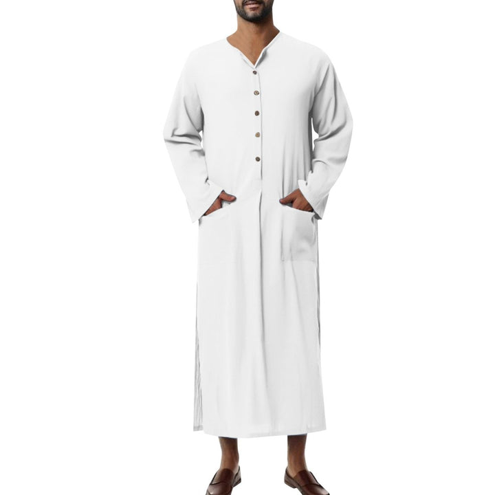 Men's Relaxed-Fit Linen Button-Front Long Tunic Kaftan - Weiß