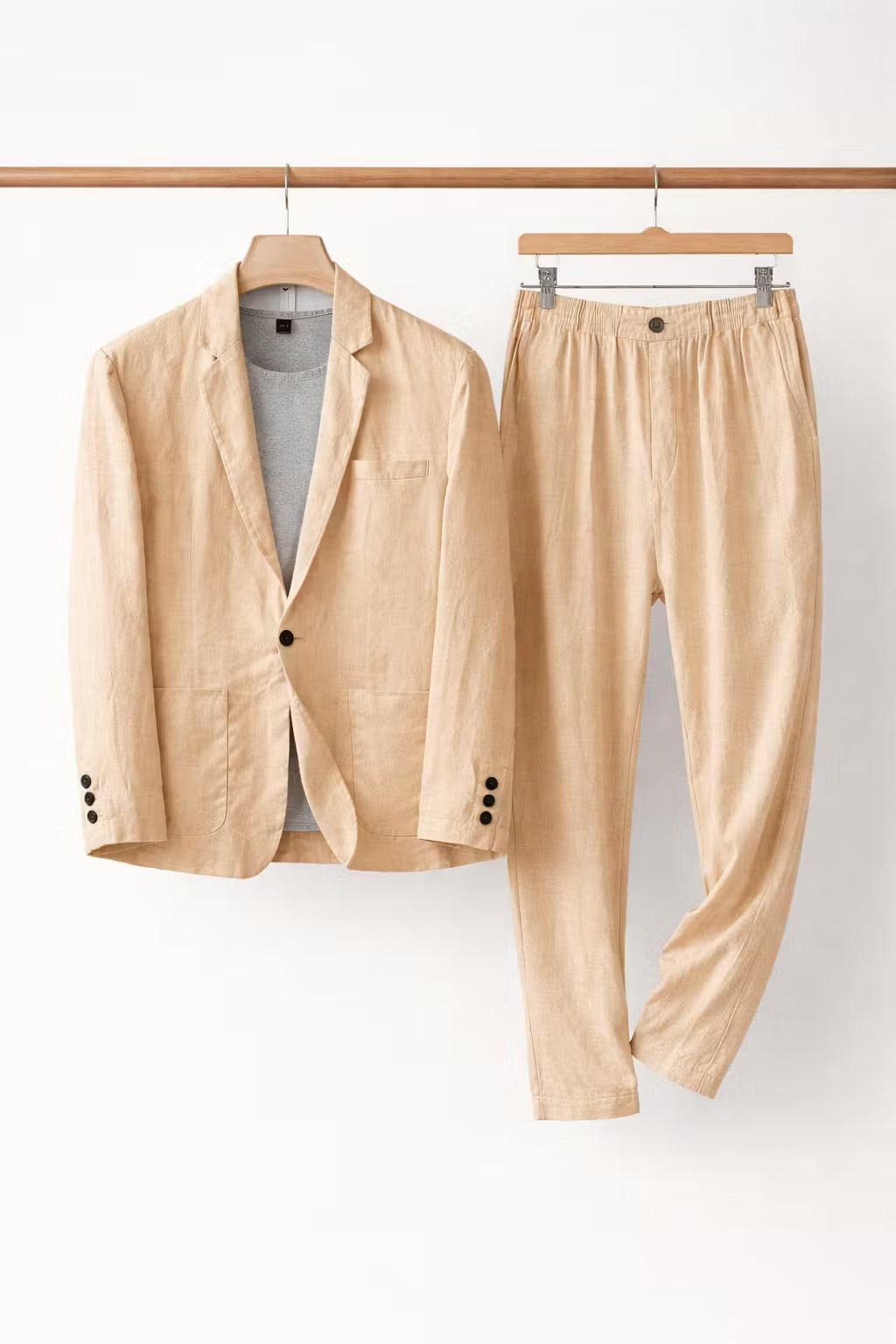 Men's Relaxed-Fit Two-Piece Linen Blazer Suit Set - Khaki