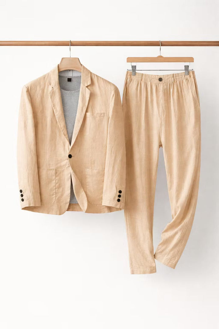 Men's Relaxed-Fit Two-Piece Linen Blazer Suit Set - Khaki