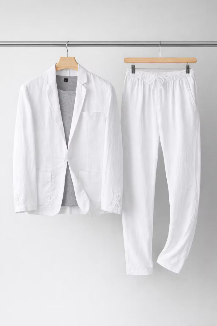 Men's Relaxed-Fit Two-Piece Linen Blazer Suit Set - White
