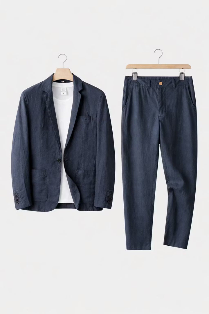 Men's Relaxed-Fit Two-Piece Linen Blazer Suit Set - Blue