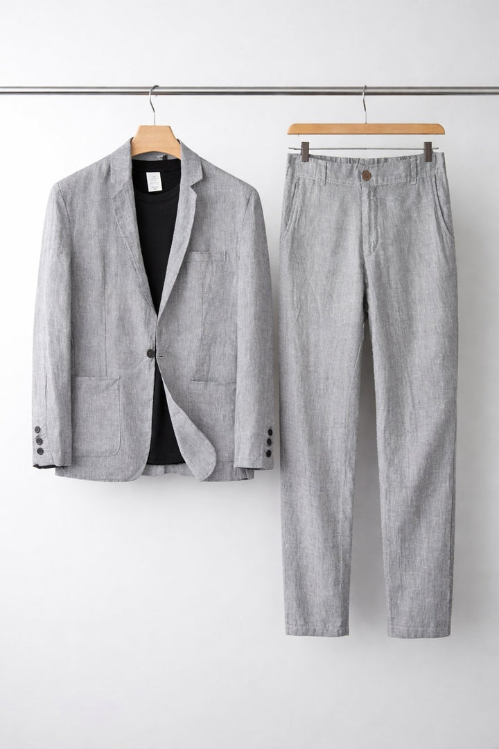 Men's Relaxed-Fit Two-Piece Linen Blazer Suit Set - Gray