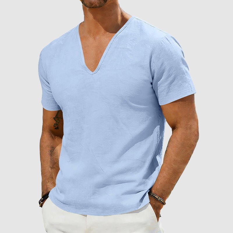 Men's Relaxed-Fit V-Neck Short-Sleeve Linen T-Shirt - Blue