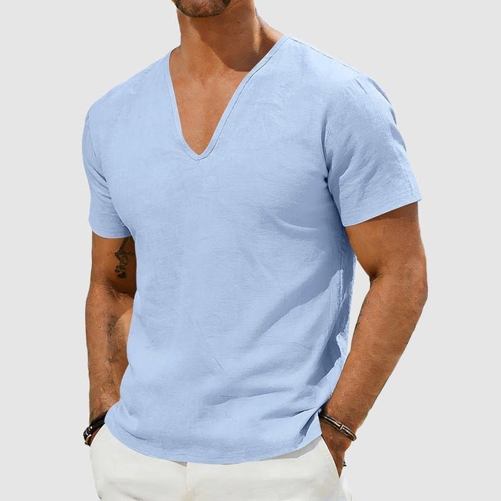 Men's Relaxed-Fit V-Neck Short-Sleeve Linen T-Shirt - Blue