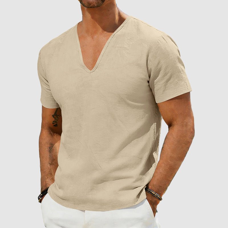 Men's Relaxed-Fit V-Neck Short-Sleeve Linen T-Shirt - Khaki