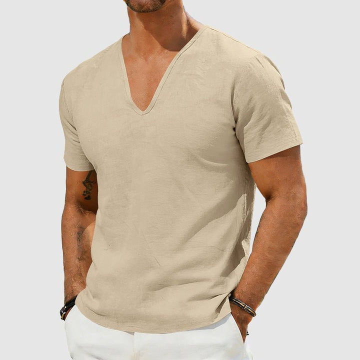 Men's Relaxed-Fit V-Neck Short-Sleeve Linen T-Shirt - Khaki