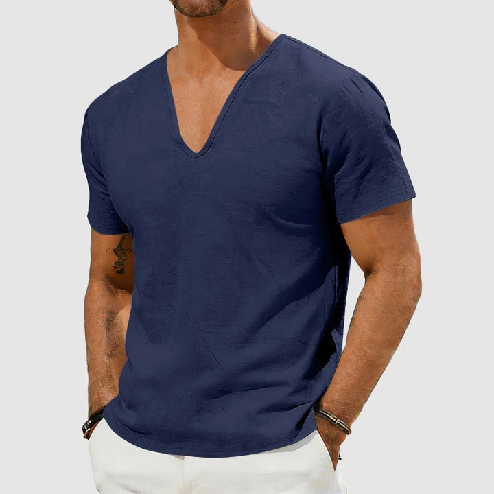 Men's Relaxed-Fit V-Neck Short-Sleeve Linen T-Shirt - Dark Blue