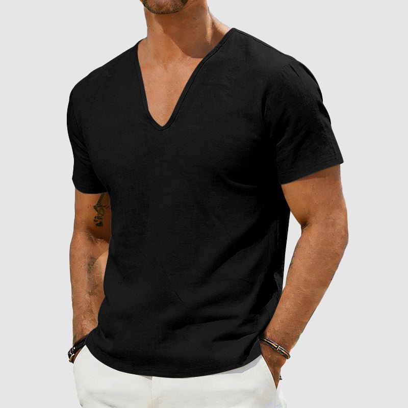Men's Relaxed-Fit V-Neck Short-Sleeve Linen T-Shirt - Black