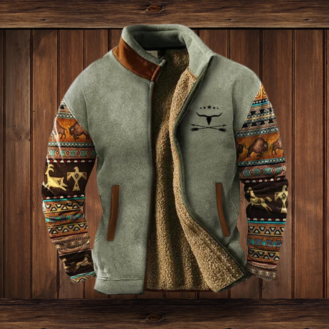 Men's Western Print Sherpa-Lined Full-Zip Fleece Jacket - Gray
