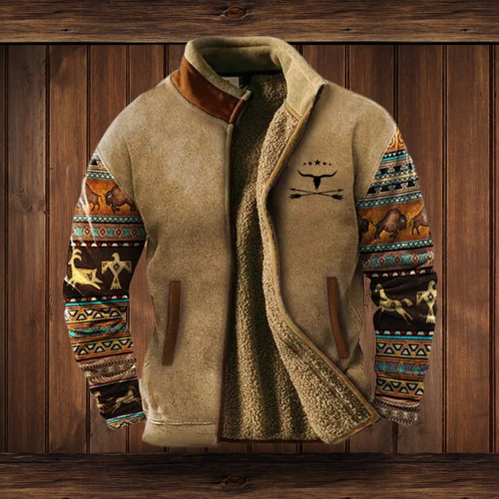 Men's Western Print Sherpa-Lined Full-Zip Fleece Jacket - Brown 2