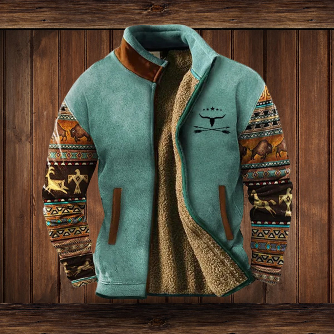 Men's Western Print Sherpa-Lined Full-Zip Fleece Jacket - Blue 2