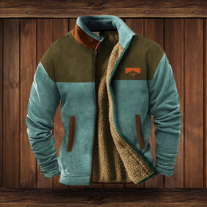Men's Western Print Sherpa-Lined Full-Zip Fleece Jacket - Blue