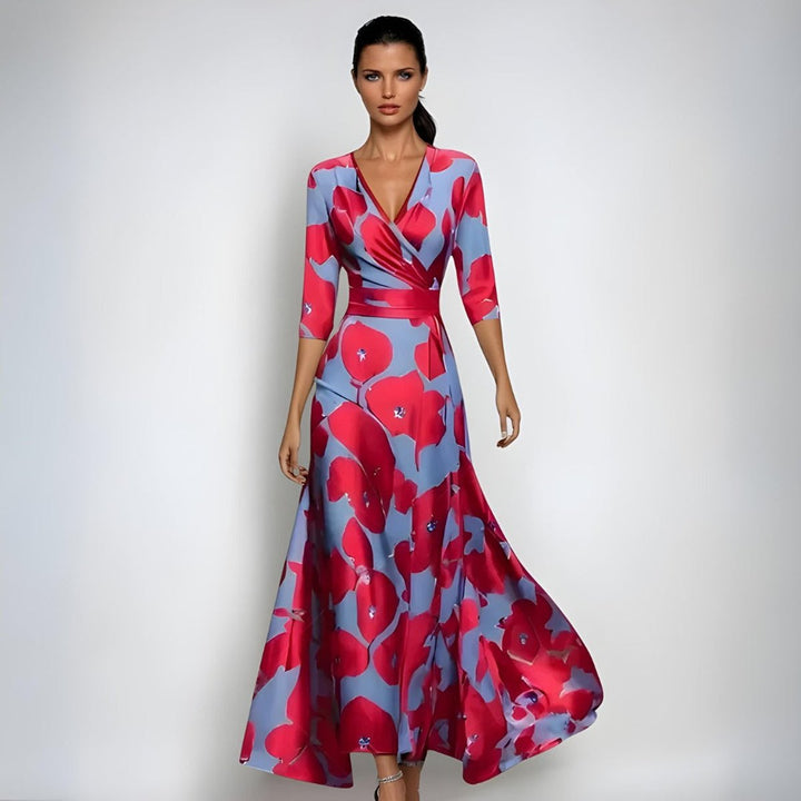 Mother of the Bride Dress Floral Wrap Maxi A-Line Gown - Red/Blue