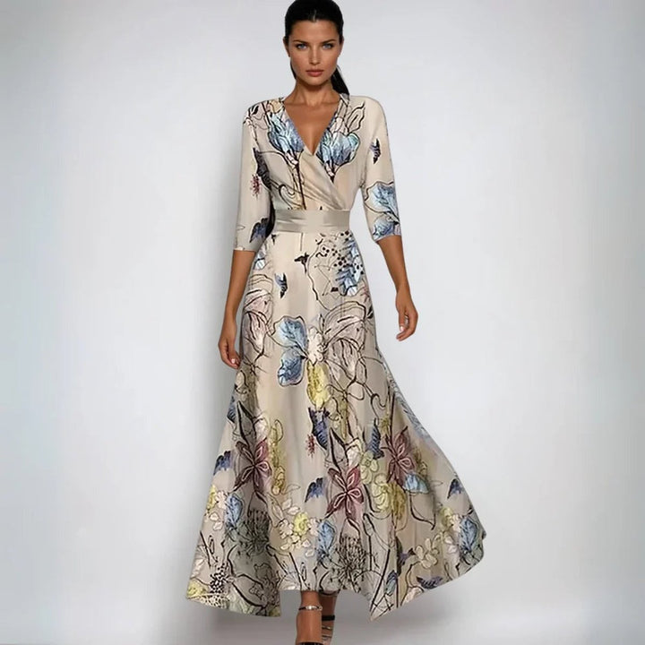 Mother of the Bride Dress Floral Wrap Maxi A-Line Gown - Sand/Beige