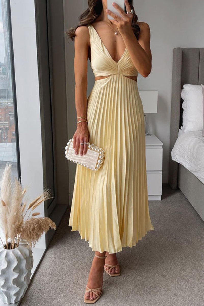 Mother of the Bride Dress Pleated Cutout V-Neck Maxi - Yellow