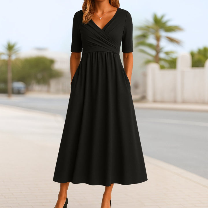 Women's A-Line Wrap V-Neck Midi Dress Short Sleeves Side Pockets - Black