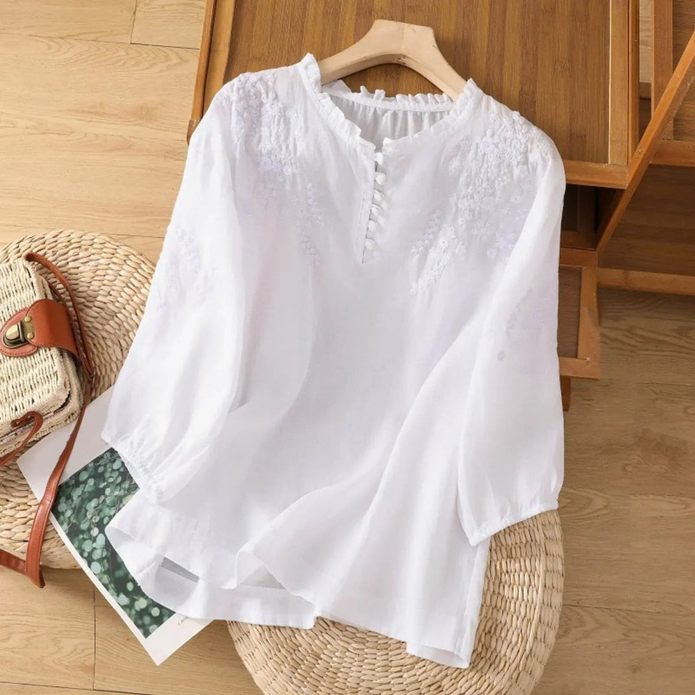 Women's Bohemian Floral Embroidered Ruffle-Neck Puff-Sleeve Blouse - White