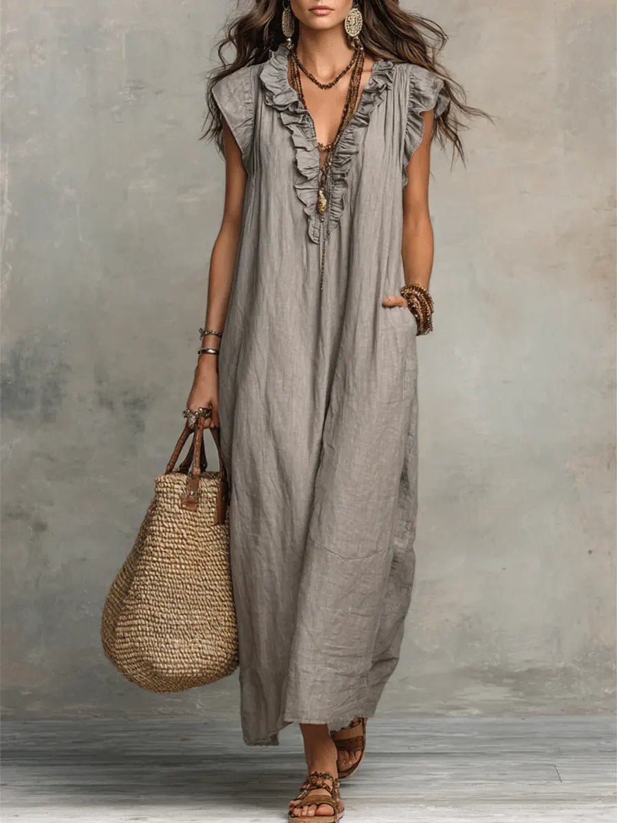 Women's Bohemian Ruffle V-Neck Flutter Sleeve Linen Maxi Dress - Gray