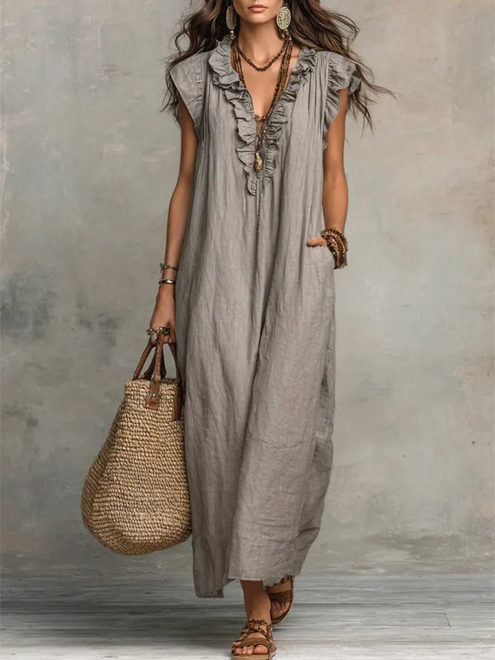 Women's Bohemian Ruffle V-Neck Flutter Sleeve Linen Maxi Dress - Gray