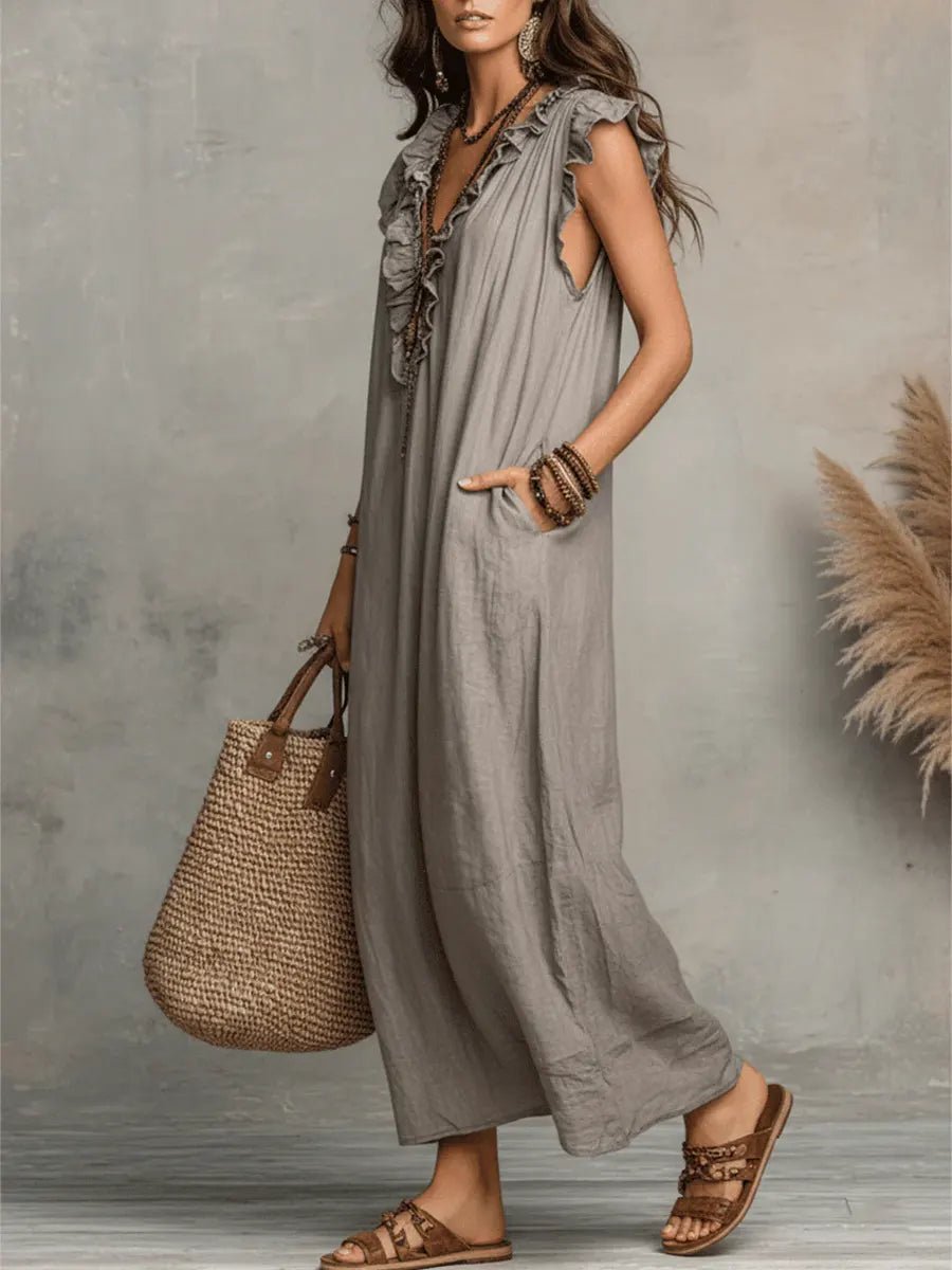 Women's Bohemian Ruffle V-Neck Flutter Sleeve Linen Maxi Dress