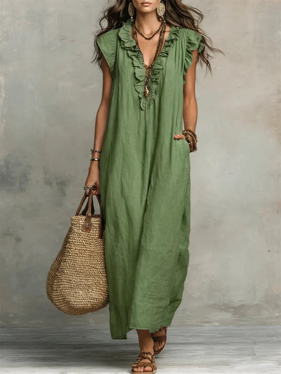 Women's Bohemian Ruffle V-Neck Flutter Sleeve Linen Maxi Dress - Green