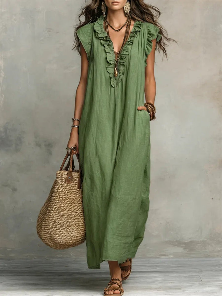 Women's Bohemian Ruffle V-Neck Flutter Sleeve Linen Maxi Dress - Green