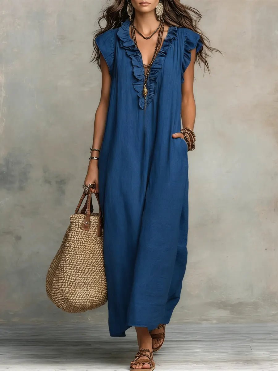 Women's Bohemian Ruffle V-Neck Flutter Sleeve Linen Maxi Dress - Blue