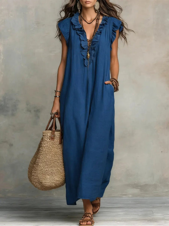Women's Bohemian Ruffle V-Neck Flutter Sleeve Linen Maxi Dress - Blue