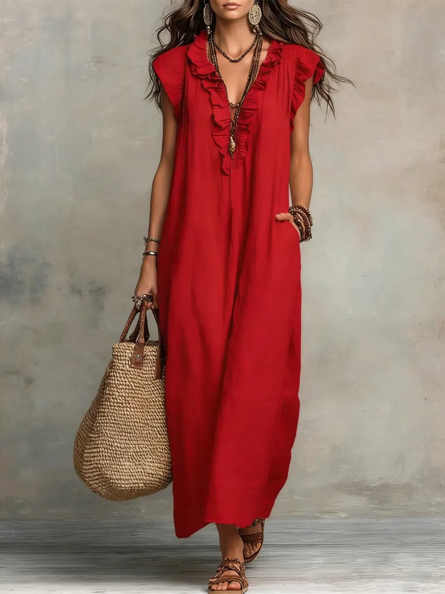 Women's Bohemian Ruffle V-Neck Flutter Sleeve Linen Maxi Dress - Red