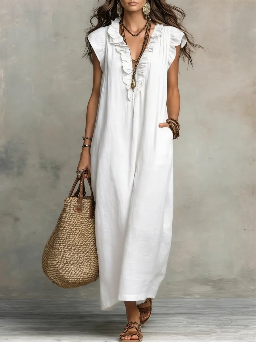 Women's Bohemian Ruffle V-Neck Flutter Sleeve Linen Maxi Dress - White