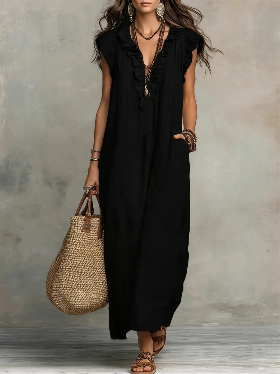 Women's Bohemian Ruffle V-Neck Flutter Sleeve Linen Maxi Dress - Black