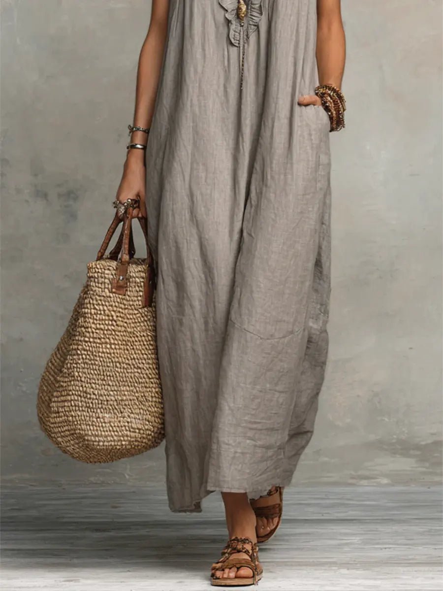 Women's Bohemian Ruffle V-Neck Flutter Sleeve Linen Maxi Dress