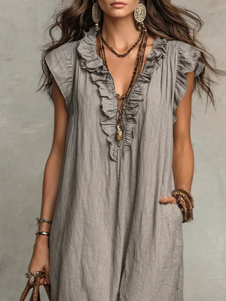 Women's Bohemian Ruffle V-Neck Flutter Sleeve Linen Maxi Dress