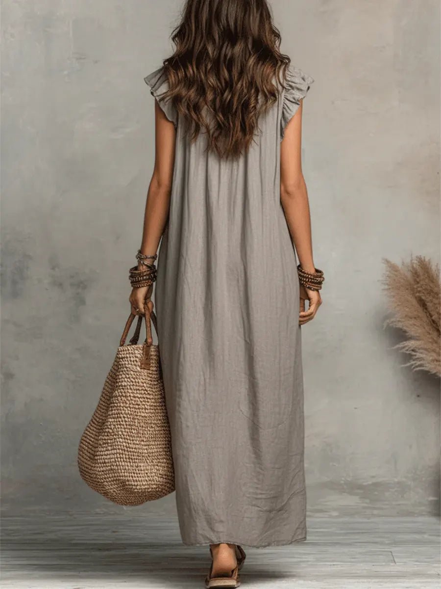 Women's Bohemian Ruffle V-Neck Flutter Sleeve Linen Maxi Dress