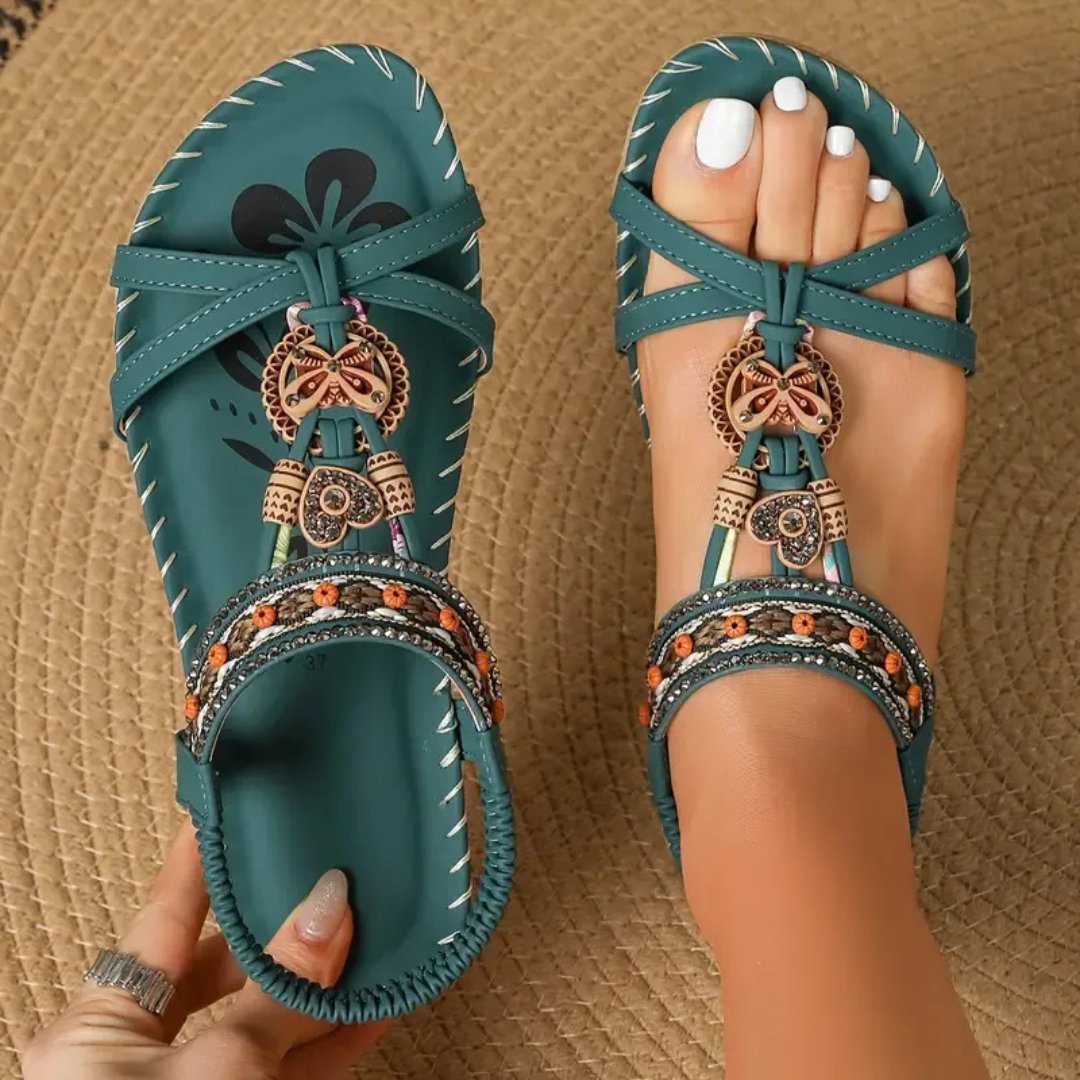 Women's Boho Beaded Flat T-Strap Elastic Heel Sandals - Dark Green