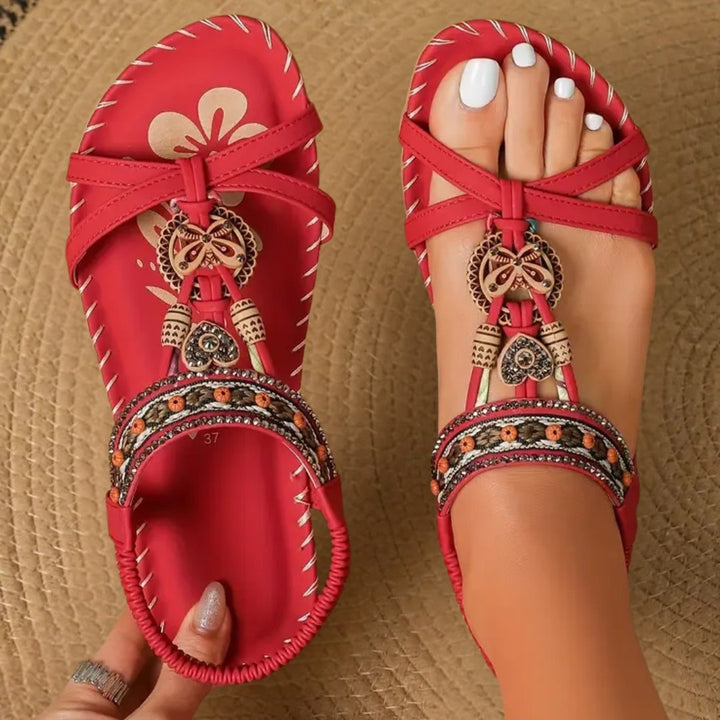 Women's Boho Beaded Flat T-Strap Elastic Heel Sandals - Red