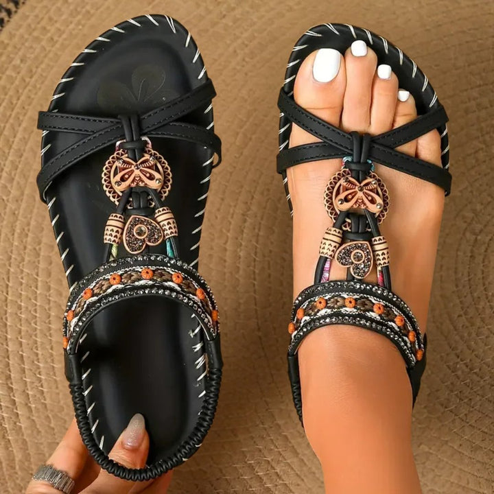 Women's Boho Beaded Flat T-Strap Elastic Heel Sandals - Black