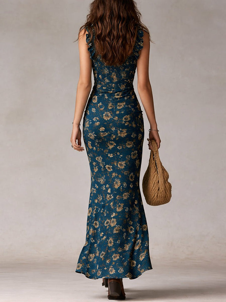 Women's Boho Floral Smocked Ruffle-Strap Maxi Dress