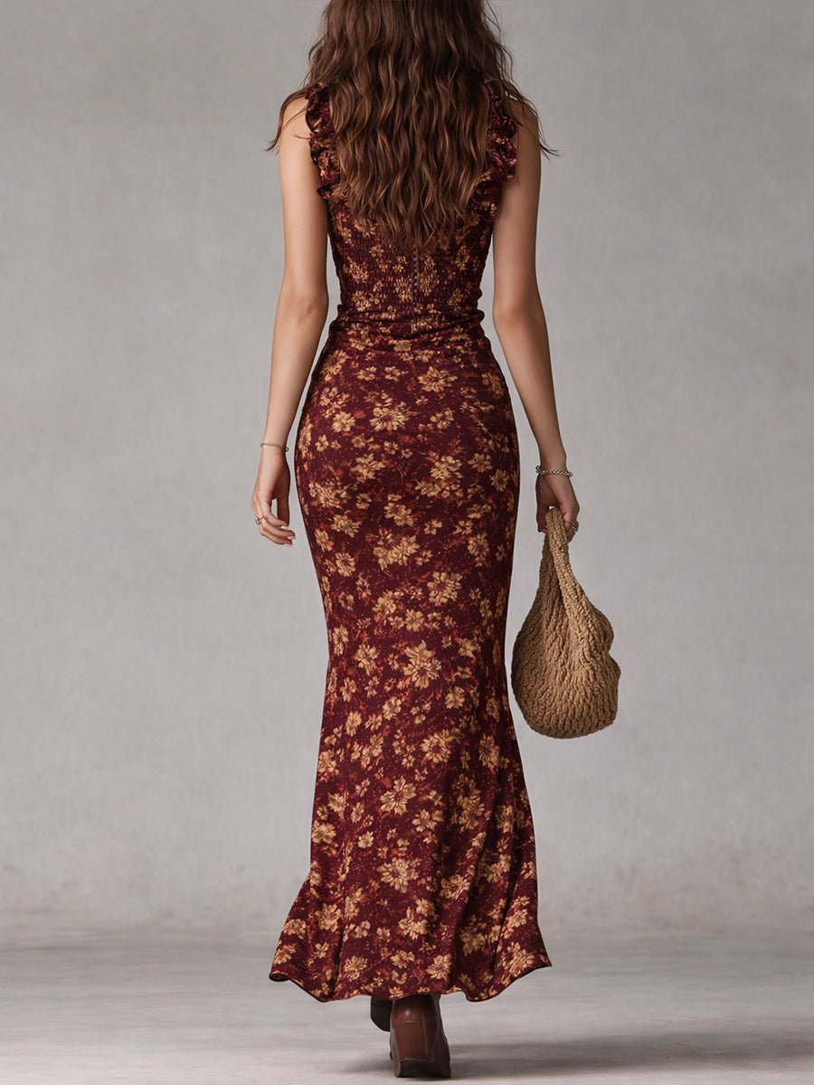 Women's Boho Floral Smocked Ruffle-Strap Maxi Dress