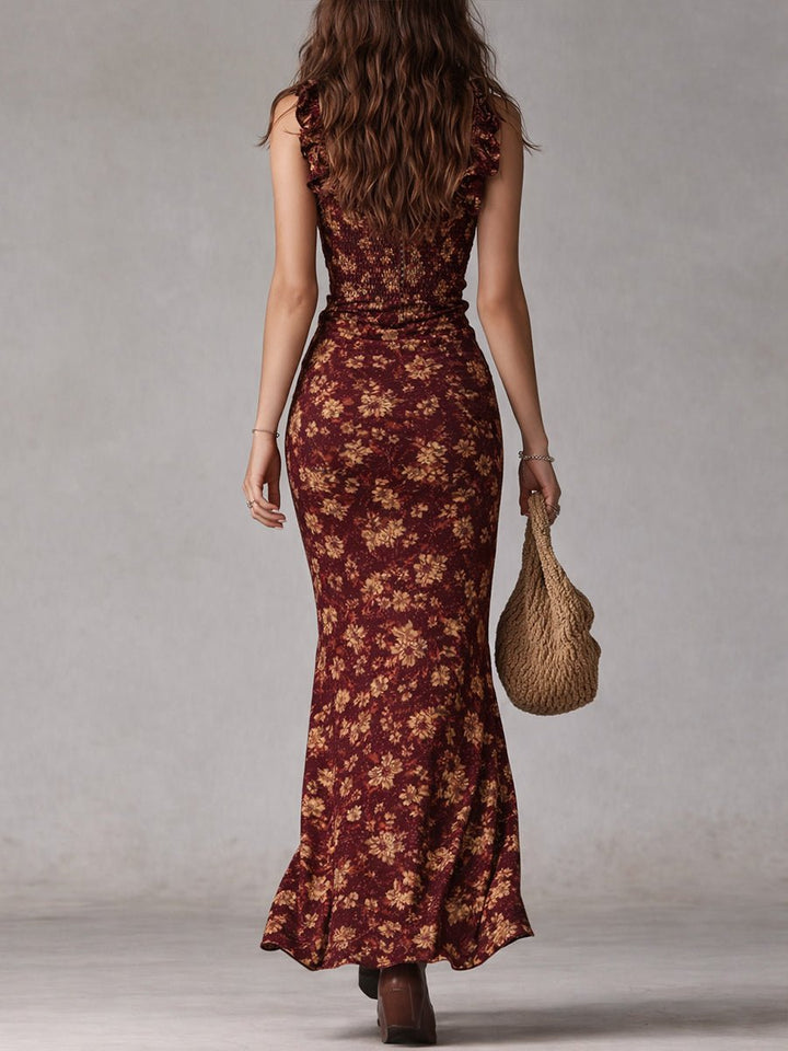 Women's Boho Floral Smocked Ruffle-Strap Maxi Dress