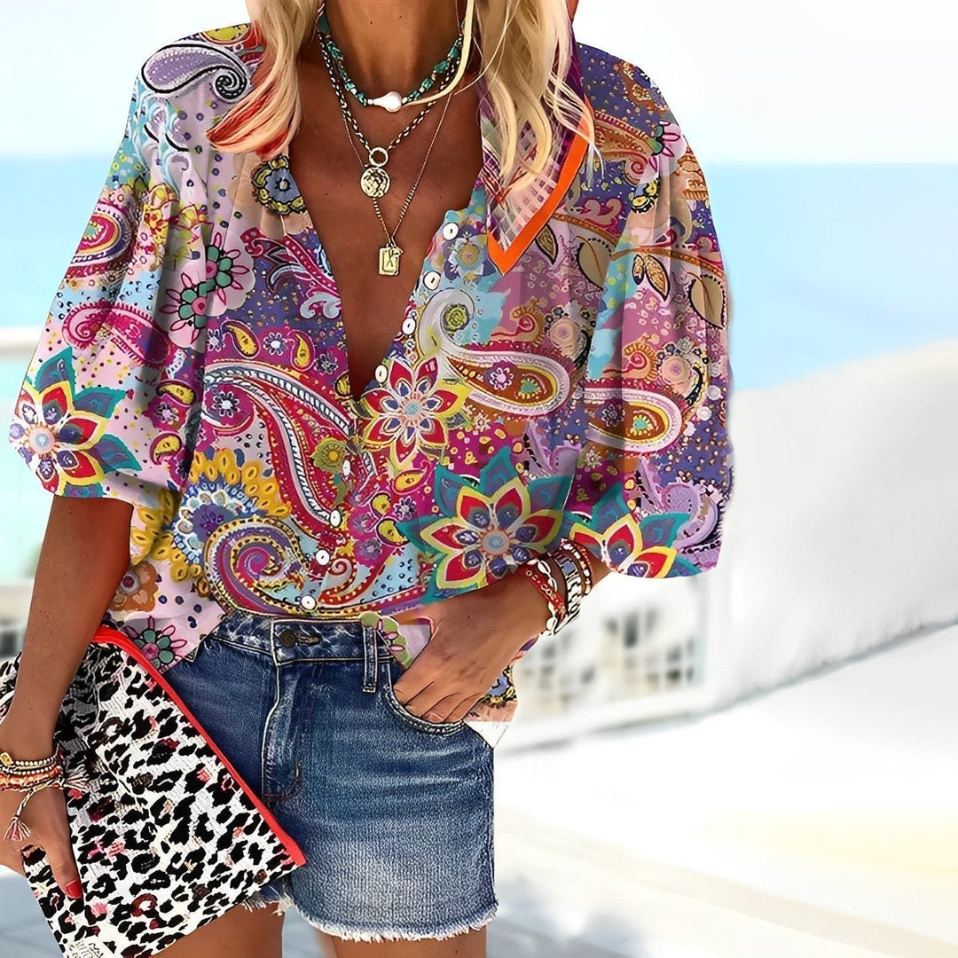 Women's Boho Paisley Print V-Neck Button-Down Blouse - Multicolor