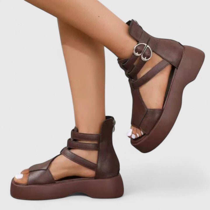 Women's Brown Platform Gladiator Buckle-Strap Open-Toe Sandals